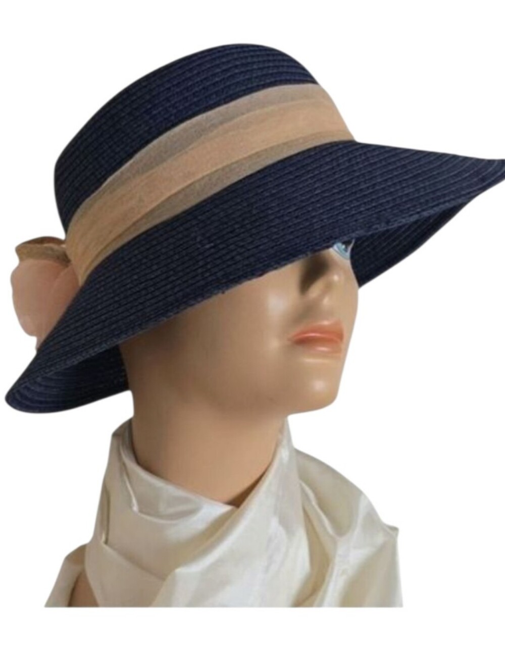 Silverstone Navy Straw Hat with Blush Rose Trim OS (22” Circumference)